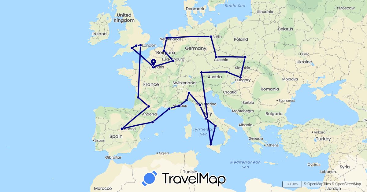 TravelMap itinerary: driving in Austria, Belgium, Czech Republic, Germany, Spain, France, United Kingdom, Hungary, Italy, Luxembourg, Monaco, Netherlands, Poland, Vatican City (Europe)